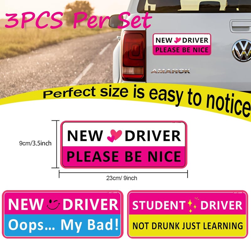 HAP FUNN Student Driver Magnet for Car, 3pcs Funny New Driver Magnet Sticker for Car, Cute Pink Reflective Magnetic Bumper Sticker, Removable Safety Rookie Attention Sign - Image 3